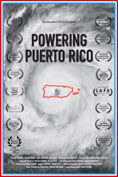 Poster for Powering Puerto Rico, a documentary about Puerto Rico after hurricanes, featuring a hurricane eye and a red outline of the island.