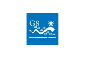 Blue square logo with the white letters 'G8', a white sun above stylized waves and small huts, representing a coastal community emblem.